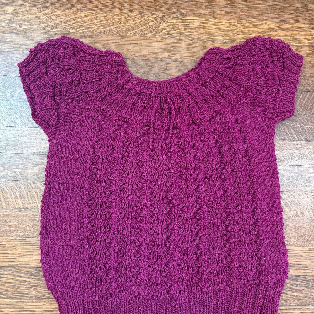 Hand-Knitted Purple Lace Crewneck Top – Open Knit Lightweight Sweater – No Size